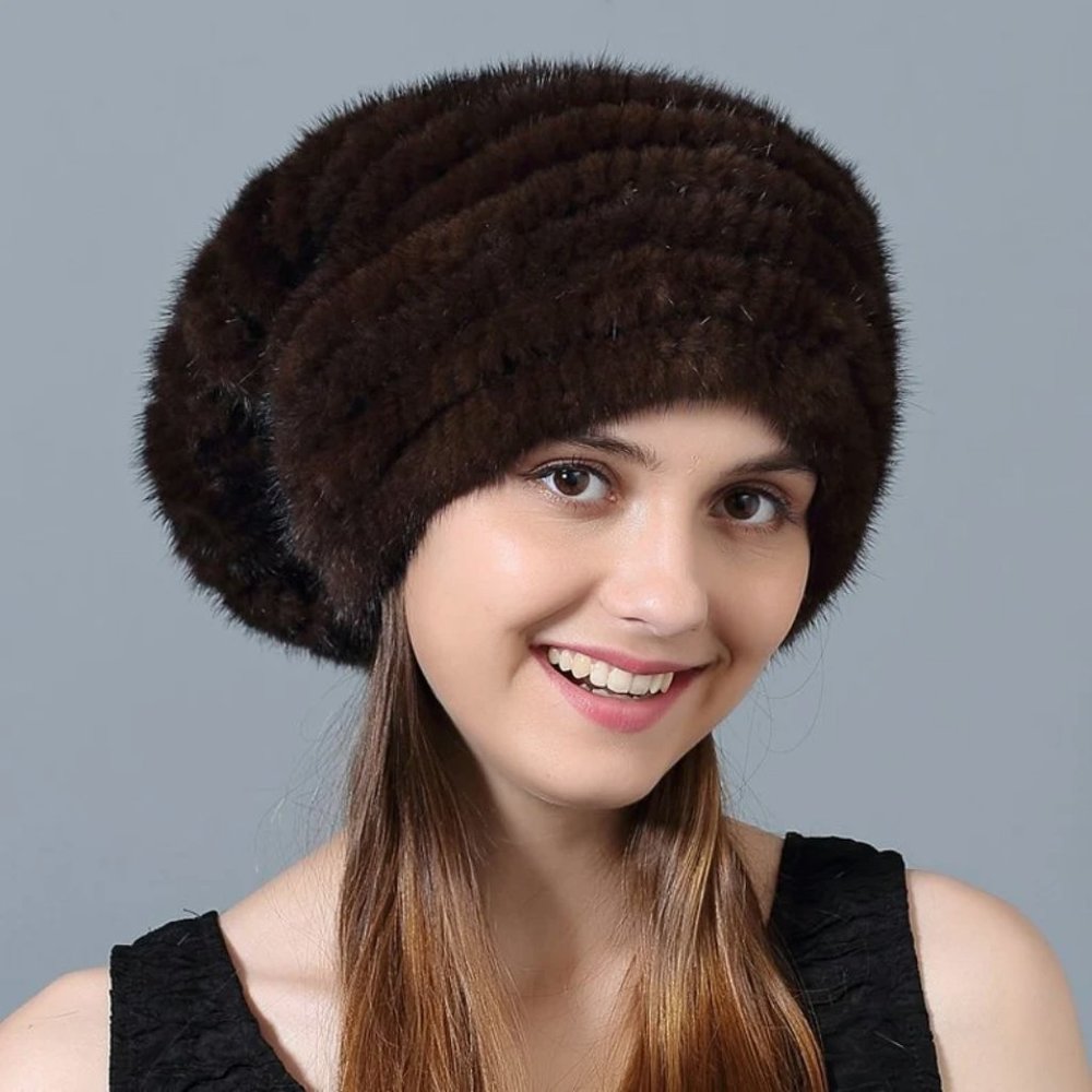 Knit Mink Fur Beanie Hat
